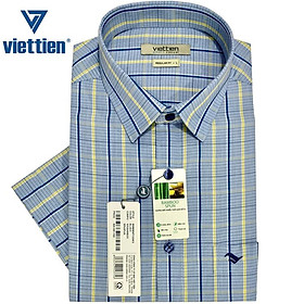 Viettien - Áo sơ mi nam ngắn tay xẻ tà vạt ngang Bamboo spun regular và regular fit Ca rô 6S0606-6