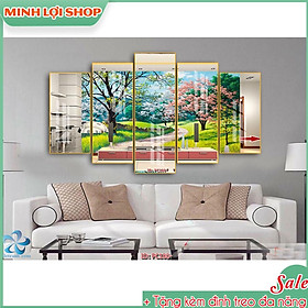 Tranh tráng gương pha lê PHONG CẢNH 5 tấm trang trí phòng khách hiện đại TẶNG KÈM ĐINH TREO 5T028