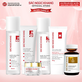 [Combo 6 món] bộ dưỡng da cơ bản: Nước tẩy trang 145ml + Sữa rửa mặt 100g + Nước hoa hồng 145ml + Kem chống nắng 50g và kem dưỡng da ban đêm 10g + Vi tảo lục 60 viên [Sắc Ngọc Khang Official]