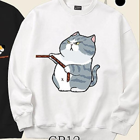 Áo sweater form rộng cặp đôi chó mèo dễ thương Mr.buffalo - Mèo - áo Trắng