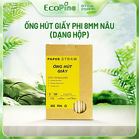 Hộp 100 ống hút giấy phi 8mm nâu kraft ECOPINE