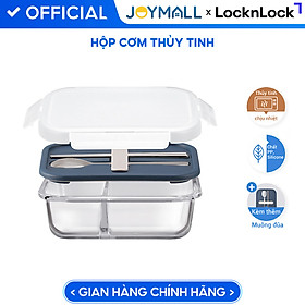 Mua Hộp cơm thủy tinh Lock&Lock chia ngăn kèm muỗng đũa 930ml màu xanh navy LLG991CLNVY - Hàng chính hãng  dùng được lò vi sóng - JoyMall