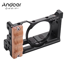 Andoer Metal Aluminum Camera Cage Compatible with Sony RX100 VI/VII with Cold Shoe Mount 1/4 Screw Wooden Handgrip