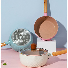 Mua Chảo chống dính đáy lòng sâu có tay cầm cán gỗ chống bỏng màu pastel lúa mạch  kích thước 18cm