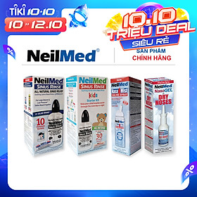 Combo Family: Bộ Xịt Rửa Vệ Sinh Mũi Xoang Toàn Diện Cho Cả Gia Đình NeilMed Sinus Rinse & Moisturize - SX Mỹ(Bình + 10 gói muối người lớn, Bình + 30 gói muối trẻ em; 1 chai xịt phun sương 75ml cho bé; 1 chai xịt ngăn ngừa khô mũi, chảy máu cam)