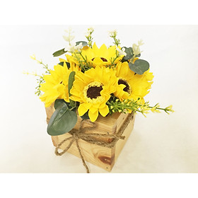 Mua Chậu hoa hướng dương sáp sang trọng (chậu gỗ vuông  7 bông)  15x15x20cm - Quà tặng trang trí handmade