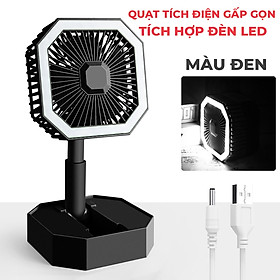 Quạt Mini Tích Điện Gấp Gọn Để Bàn Siêu Mát Tích Hợp Đèn Led Xoay 180 Độ, Sạc USB - Màu Đen