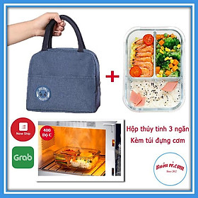 Combo Hộp Cơm Văn Phòng Thủy Tinh 3 Ngăn Chịu Nhiệt Sang Trọng Cao Cấp Kèm Túi Giữ Nhiệt Lunch Bag