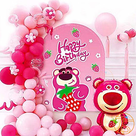 Set trang trí sinh nhật poster hình gấu ôm dâu cho bé kèm ống bơm tay