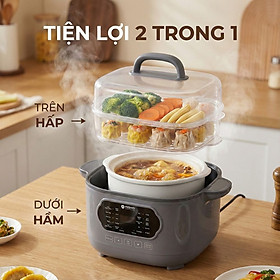 Nồi nấu chậm lòng sứ 3L Mishio MK397 kèm xửng hấp và 4 thố sứ tiện lợi không lo cháy khét hay bong tróc chống dính - Hàng chính hãng