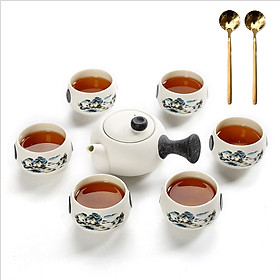 Bộ bình trà 6 tách Tĩnh Tâm chất liệu bột đá và men tráng sứ F90+ Tặng 2 muỗng trà inox 304 màu vàng nguyên khối