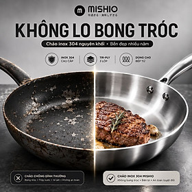Chảo Inox đáy từ 3 Lớp Mishio (Size 22, 24, 26, 28, 30cm) Đúc Nguyên Khối, Đáy Từ, An Toàn Vượt Trội - hàng chính hãng