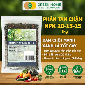 Phân Tan Chậm GreenHome, Rynan NPK 20-15-15, Túi 1kg, Dùng Cho Loại Cây Họ Leo Bầu Bí, Mướp, Dưa Leo