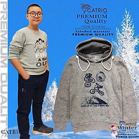 ÁO HOODIES TRẺ EM CATRIO in XE ĐẠP BAY là áo thun dài tay có mũ có túi thời trang, vải 100% cotton dày, ấm mùa thu đông phù hợp với trẻ em bé trai, bé gái 10 tuổi 35kg-39kg kết hợp quần dài cotton CATRIO thành bộ đồ đẹp MÀU XÁM