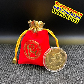 Hình ảnh Đồng Tiền Xu Mèo Vàng Lì Xì Tết - mặt sau chữ lộc chiêu tài , tặng kèm túi nhung đỏ PHÚC, Tiền lì xì tết 2023 , NELI
