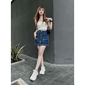 Chân váy Jeans nữ HQJeans cài cúc túi trước kiểu trên gối mẫu mới