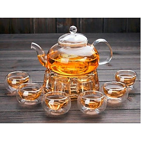 Bộ ấm ấm chén thủy tinh pha trà kèm đế châm nến