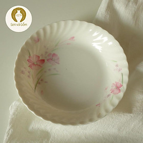 19*5cm Dĩa gốm trắng viên cong họa tiết cành hoa màu hồng gốm sứ Nhật SVG3969