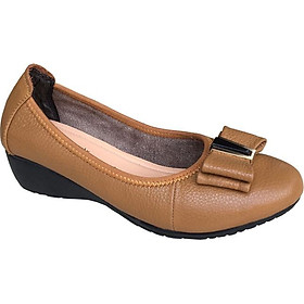 Giày đế xuồng nữ 3cm Trường Hải đính nơ xinh da bò mềm mại màu vàng thời trang , đế xuống cao su DX0132