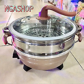 Chảo lẩu điện đa năng  7903s,nồi lẩu tròn lòng đen vân đá kèm hấp xửng 33cm