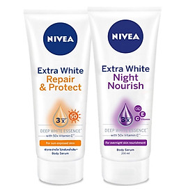 Bộ đôi Serum dưỡng thể NIVEA dưỡng trắng chống nắng, phục hồi Ban ngày 180ml & Ban đêm 200ml