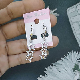 Bông tai khoen inox tòn ten 3 ngôi sao chạm chiếu sáng đẹp không đen