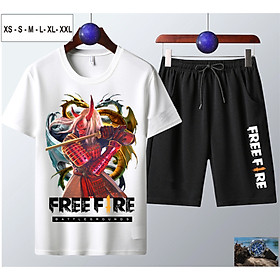Bộ Áo Free Fire cotton màu trắng cổ tròn + Quần Short nam in hình Quỷ kiếm dạ xoa