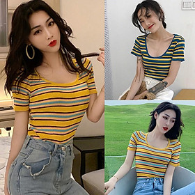 Korean U-neck Color Striped Short Knit Short-Sleeved T-shirt