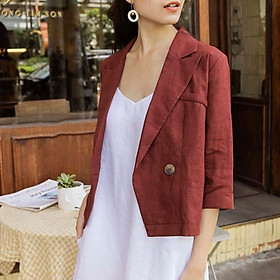 Hình ảnh Áo Vest blazer nữ dáng lửng tay lỡ 2 khuy trẻ trung, chất vải Linen Bột Premium mềm mát, thích hợp hè, thu, có 2 màu lựa chọn (Đỏ mận, Xanh rêu)