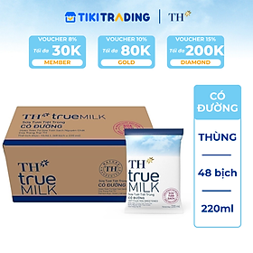 Thùng 48 bịch sữa tươi tiệt trùng TH true MILK có đường 220 ml