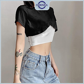 Áo croptop ngắn kiểu đắp chéo cộc tay nữ OZENKA , áo crt gợi cảm ulzzang cotton màu đen trắng dưới 55 cân