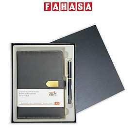 Bộ Quà Tặng Sổ Bìa Da Khóa Gài Kim Loại Kèm Bút Ký - 232 Trang 80gsm - Depai NO.25-63 - Mực Xanh - Màu Xám Đậm