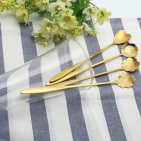 4x Coffee Spoons Petal Spoon Stainless Steel Long Handle Ladles Cutlery Gold