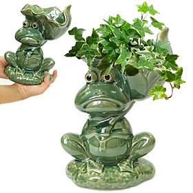 Mua Ếch cầm lá sen gốm tráng men  size D15xR13xC20cm  - Tượng gốm xinh xắn có lỗ dùng trồng cây  trang trí  decor sân vườn