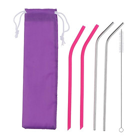 Drinking Straws Eco-friendly 2pcs Pink Silicone 2pcs Stainless 1pc Brush