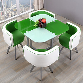 Bàn ăn kính cường lực kèm 4 ghế da - Bộ bàn ghế phòng ăn - Bàn trà chân sắt, mặt kính cường lực, Ghế da pu cao cấp