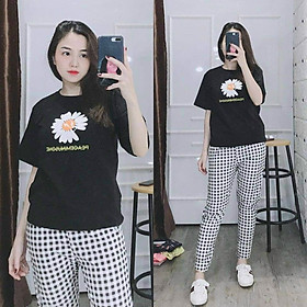 Đồ bộ dài thể thao nữ đẹp in Hoa Cúc thời trang cổ tròn, tay lỡ phối sọc ca rô, thun cotton 4 chiều co dãn cực đẹp, phom chuẩn - aloha style. Size từ 40-65kg.