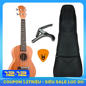 Bộ Đàn Ukulele Concert BWS - Bao, Capo, Móng Gẩy BWS (Bảo trì trọn đời - Uku Gỗ Mahogany trơn cỡ trung 23 inch B-01 - Kèm Sách giáo trình học Ukulele online cơ bản dài 80 trang)