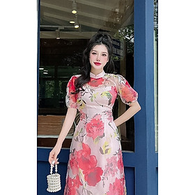 Áo dài cách tân tay phồng in hoa 4 tà cao cấp AD32 - Lady fashion