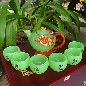 Mua Bộ ấm trà chạm hoa mẫu đơn và chim với ly chạm chữ đá ngọc cẩm thạch xanh