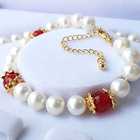Vòng Tay Ngọc Trai Nước Ngọt Thiên Nhiên Cao Cấp - Chuỗi Đơn Tròn Mix Đá Mã Não - Trang Sức Cô Tấm - Quà Tặng Mẹ - NULLAN PEARL (8ly) - Đỏ - CTJ1010