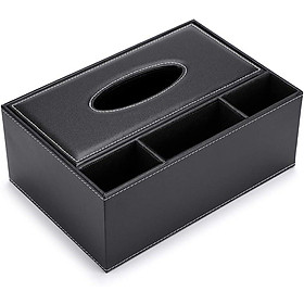 Nút PU Box Bộ phân phối da hình chữ nhật với 3 ngăn tổ chức văn phòng để điều khiển từ xa (màu đen)