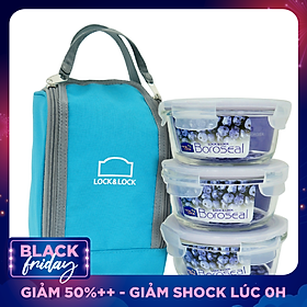 Bộ Túi Hộp Cơm Thủy Tinh Chịu Nhiệt 4EA Lock&Lock LLG821BS3 (380ml / Hộp) - Xanh Dương