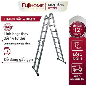 Mua Thang nhôm gấp 4 đoạn chữ A Nhật Bản 4.4M Fujihome chống trượt đa năng  thang chữ M xếp gọn 4 khúc 4m4 mét có khóa an toàn gia đình aluminum ladder - Hàng Nhập Khẩu