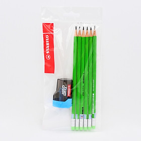 Combo bút chì gỗ STABILO Swano 4907 HB, có đầu tẩy - Bộ 6 bút thân xanh lá neon có đầu tẩy + Chuốt chì PS4538 (PC4907G-C6S)