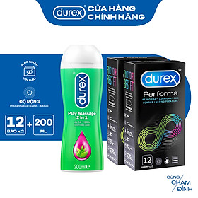 Bộ 2 hộp bao cao su Durex Performa kéo dài thời gian (size 52mm, 12 bao/hộp) và 1 chai gel bôi trơn Durex Massage 2n1 200ml
