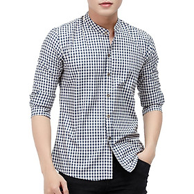 Áo Sơ Mi Họa Tiết Caro Phối Cổ Trụ TITISHOP SM529 - Xanh Đen Phối Trắng