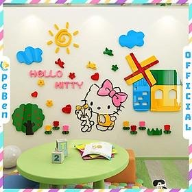 Tranh dán tường mica 3d decor khổ lớn khu vườn của hello kitty trang trí mầm non, mẫu giáo, phòng cho bé