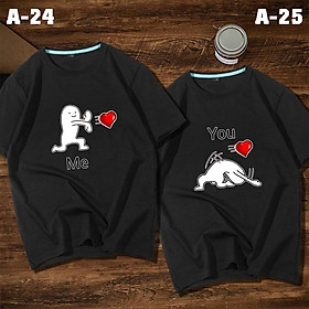 Áo đôi nam nữ màu đen, áo thun đôi cổ tròn in họa tiết nổi bật