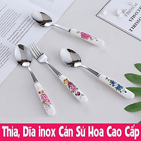 Bộ 6 Thìa Rĩa Inox Cán Sứ Hoa Đỏ Cao Cấp